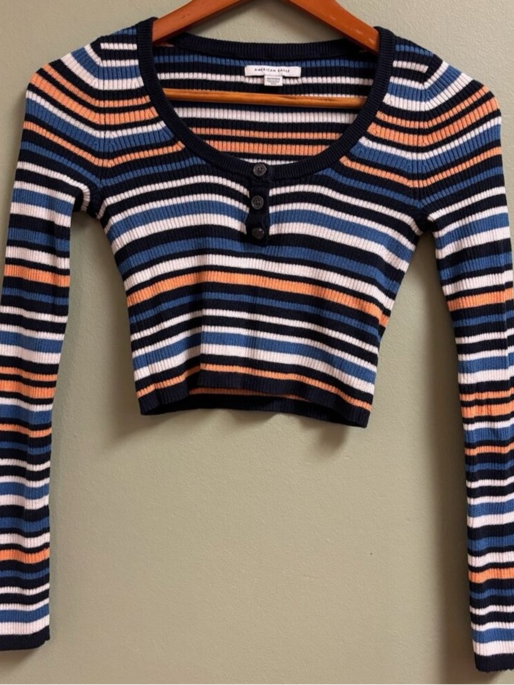 American Eagle Outfitters Navy & Orange Striped Ribbed Henley Crop Top